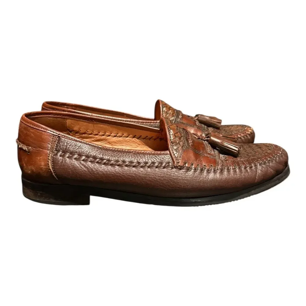 Brass Boot Men’s Brown Leather Weave Slip On Tassel Loafer Size 10.5 - Picture 2 of 9